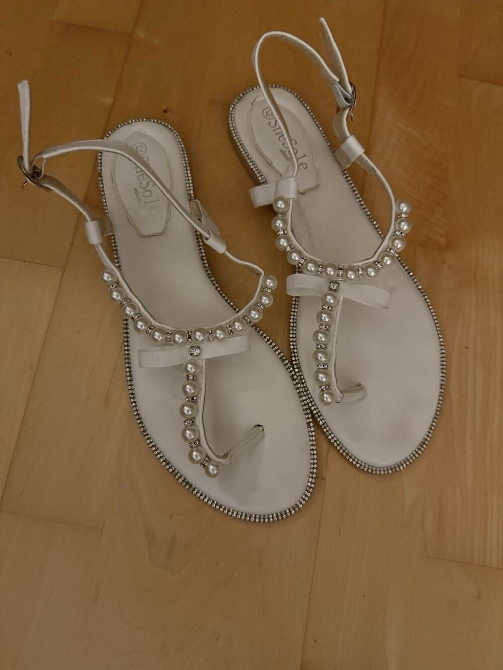 Shesole Pearl Rhinestone Flats Sandals T-Strap Bride Bridal Wedding White 42
